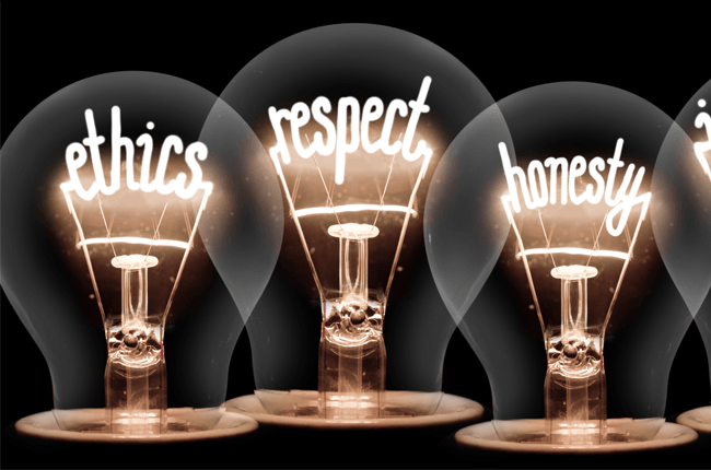 3 lightbulbs with the words ethics, respect and honesty inside them